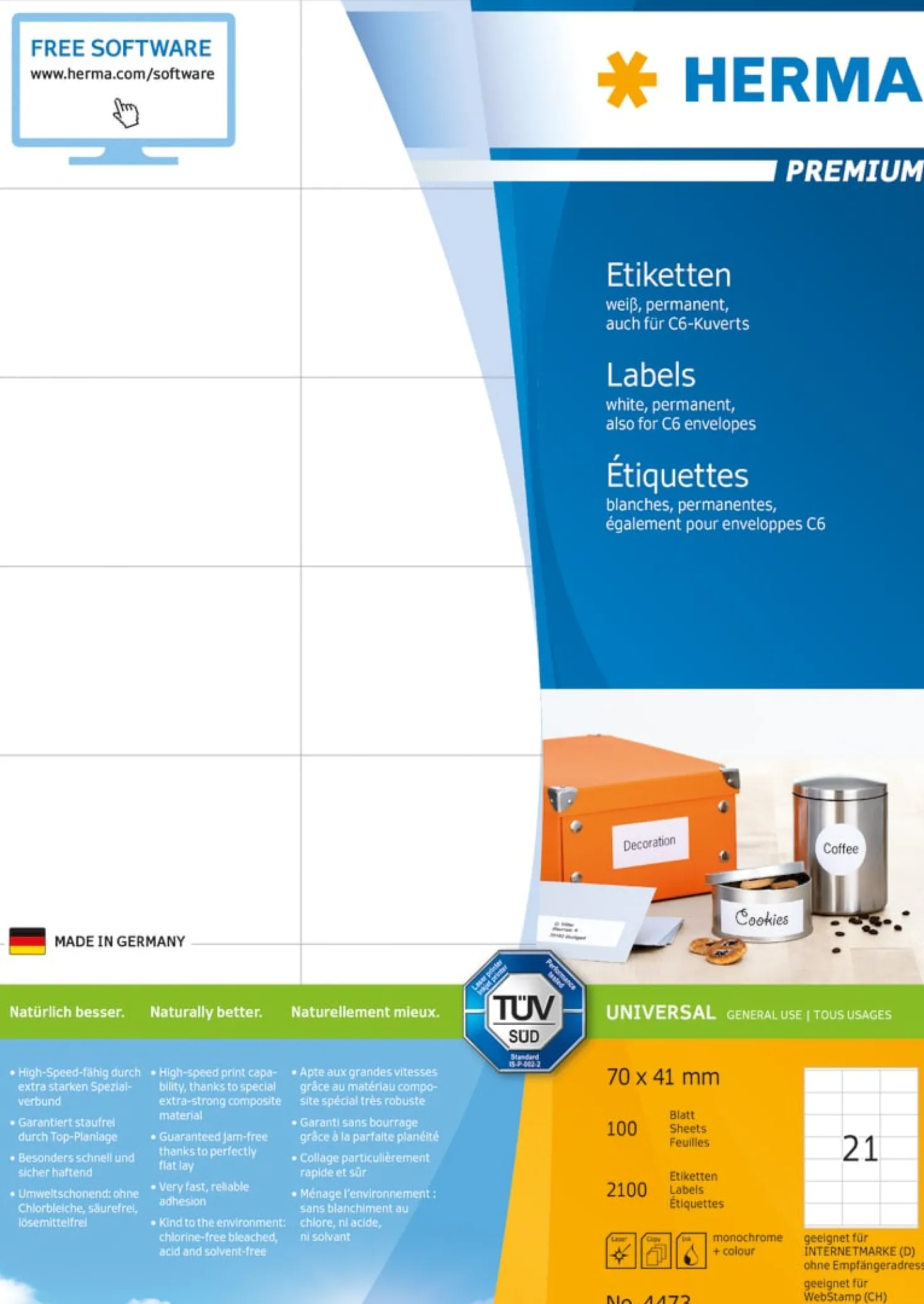 Klisteretiketter Herma Premium, 70x41 mm, vit, 2100 st