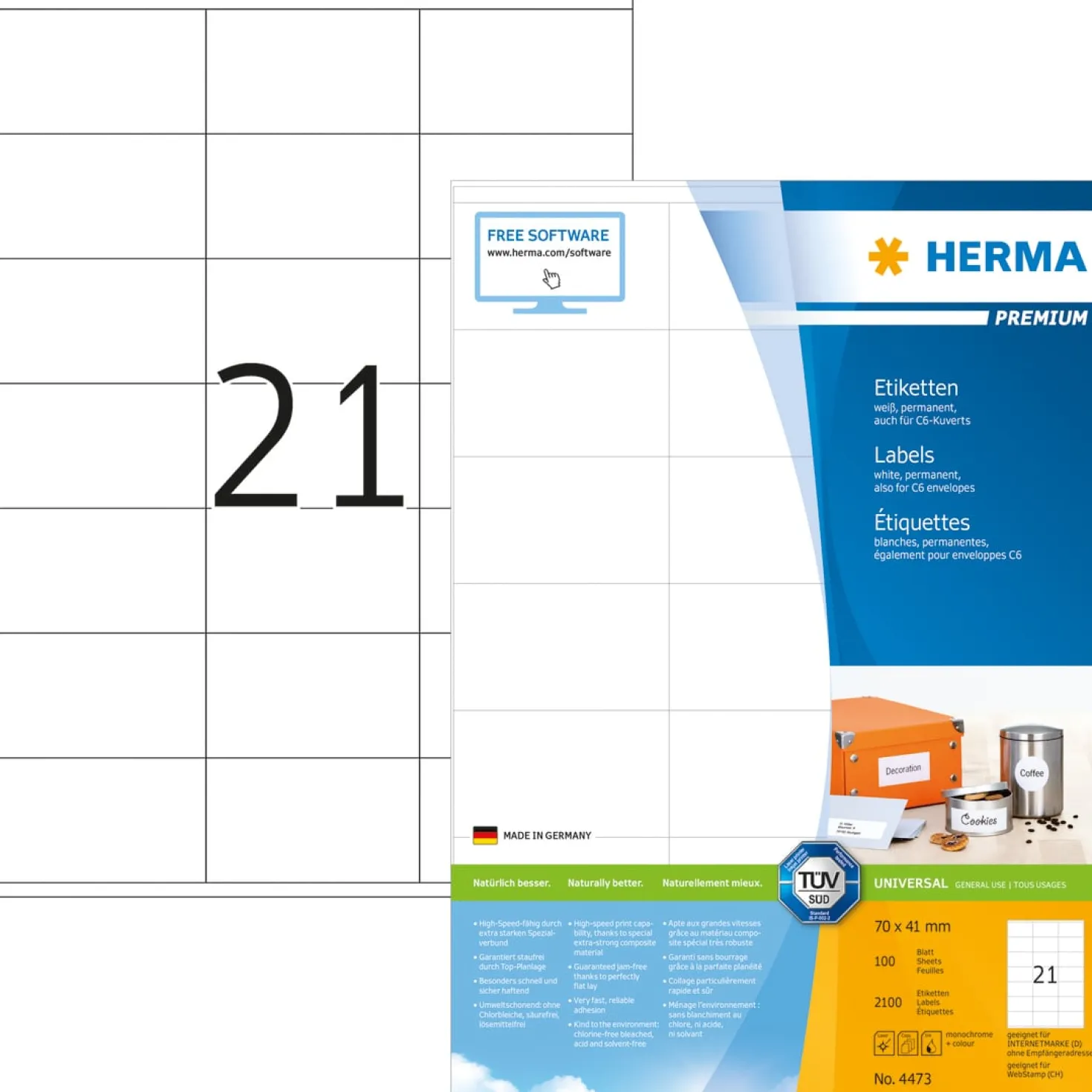 Klisteretiketter Herma Premium, 70x41 mm, vit, 2100 st