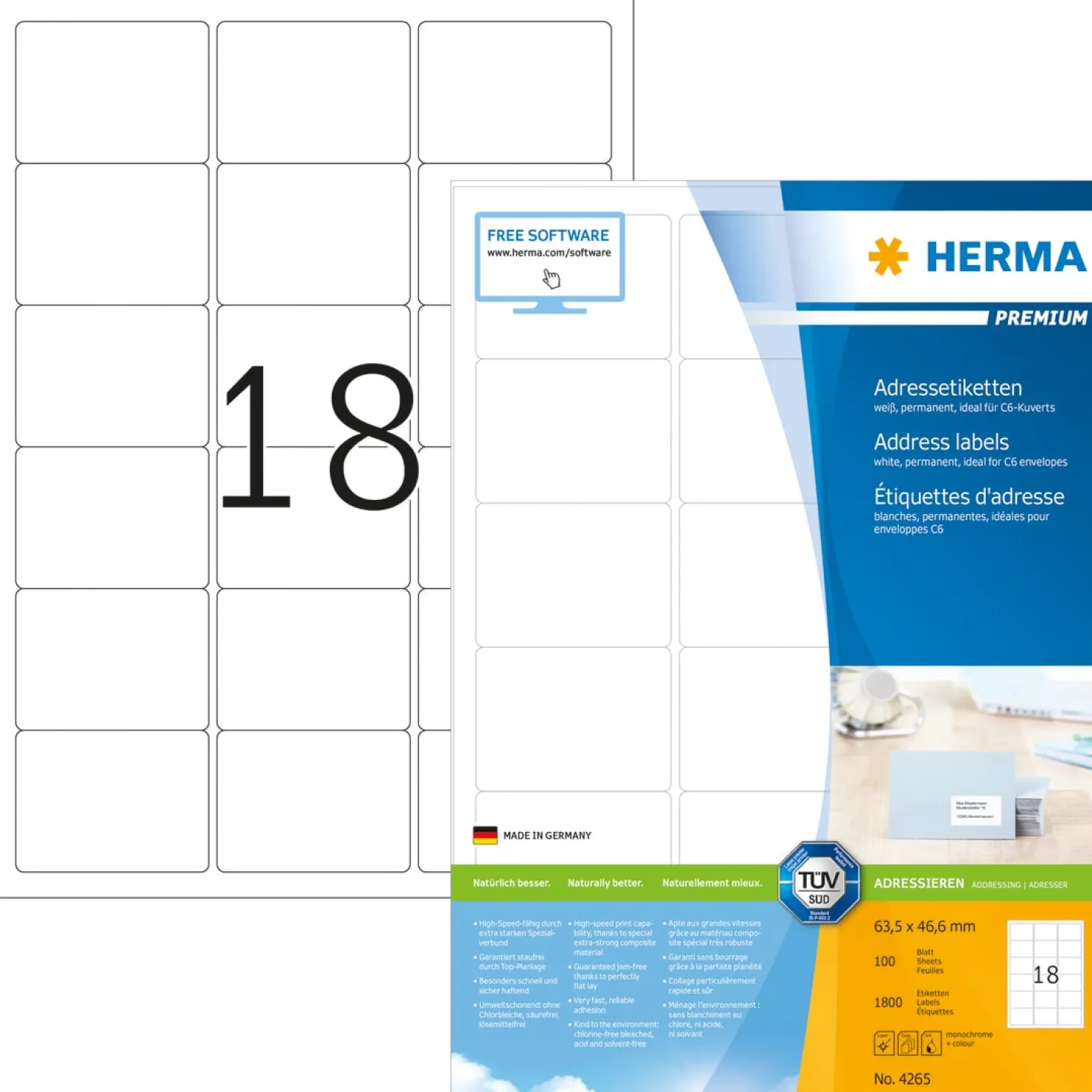 Klisteretiketter Herma Premium 63,5x46,6 mm, 1800 st, 100 ark