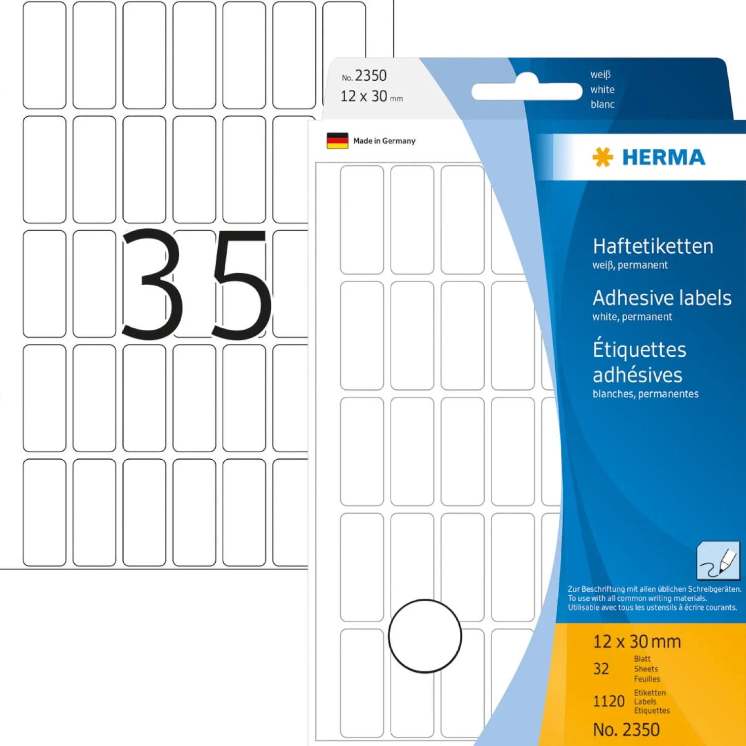 Klisteretiketter Herma 2350, vit, 12x30 mm, 1120 st