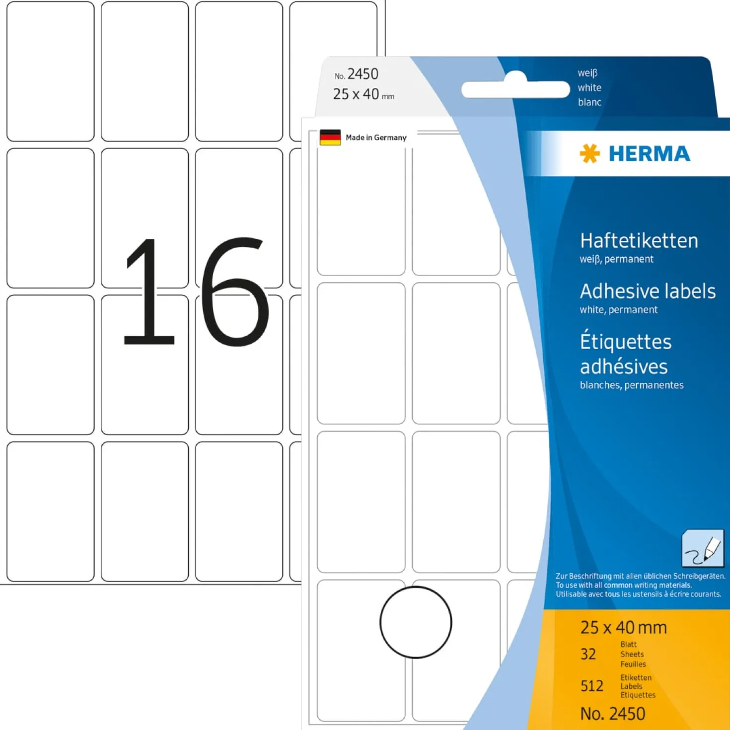 Klisteretikett Herma 2450, vit, 25x40 mm, 512 st