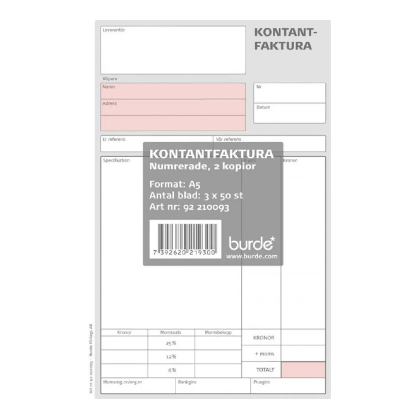 Kontantfaktura Burde A5 självkopierande, 2 kopior, 3 block
