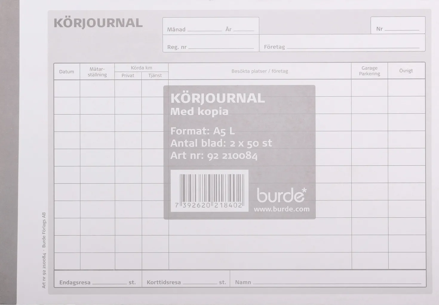 Körjournal Burde A5L med karbonpapper, 2x50 blad, hålstansad