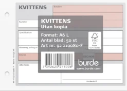 Kvittensblankett Burde A6L, 50 blad, förstansade hål