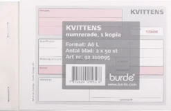 Kvittensblankett Burde Numrerad A6L, självkopierande, 5 block