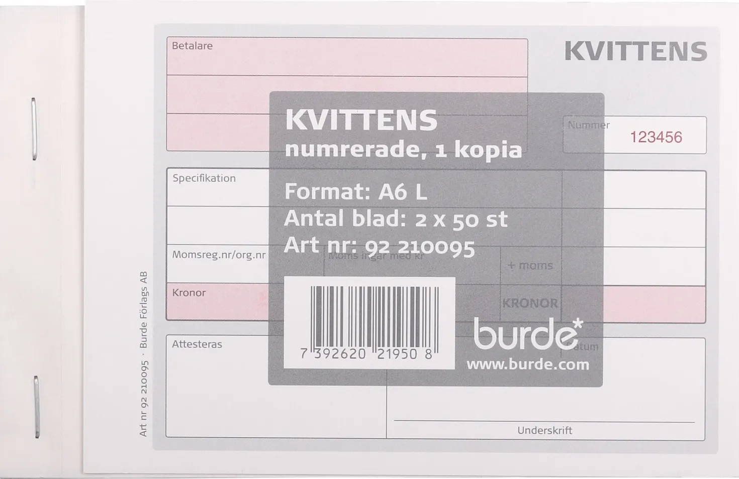 Kvittensblankett Burde Numrerad A6L, självkopierande, 5 block