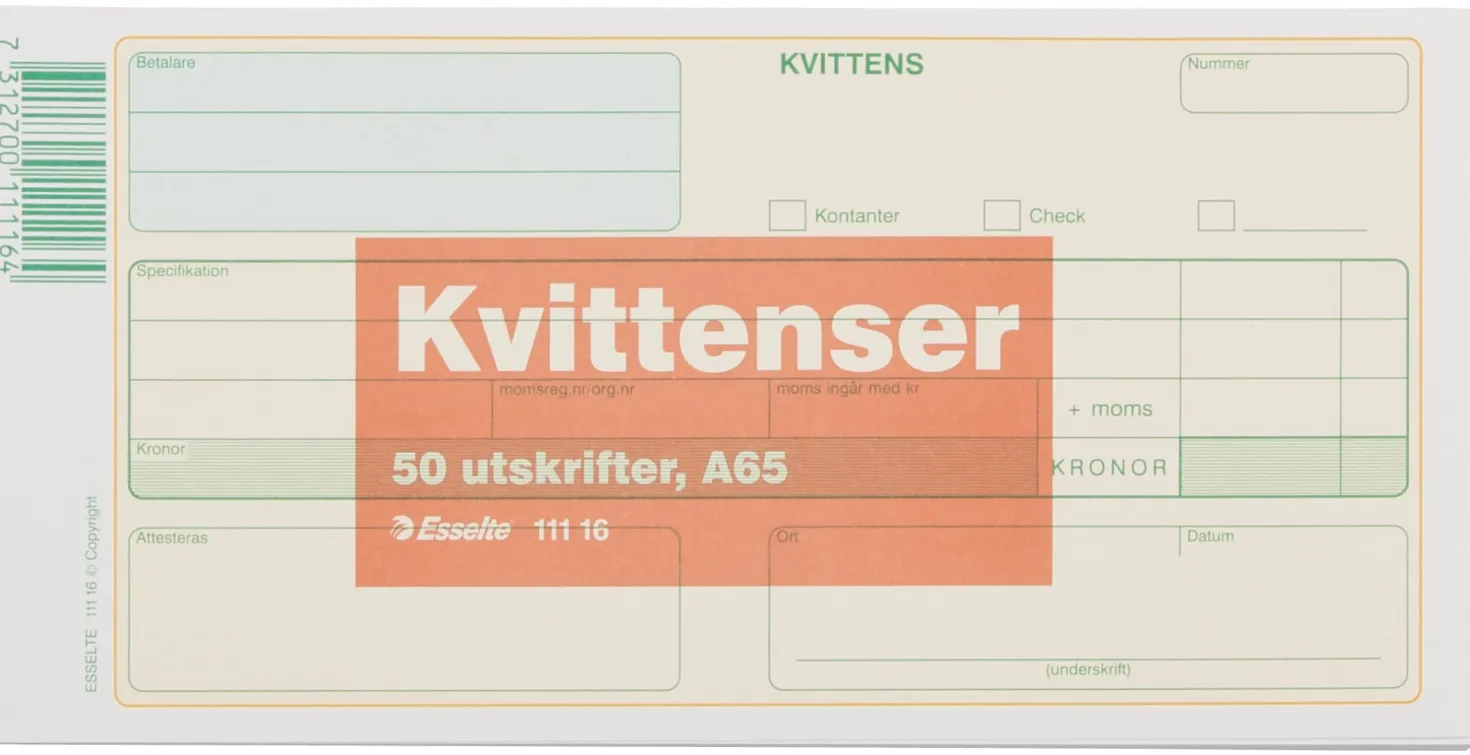 Kvittensblankett Esselte, 1/3 A4, 50 blad per block