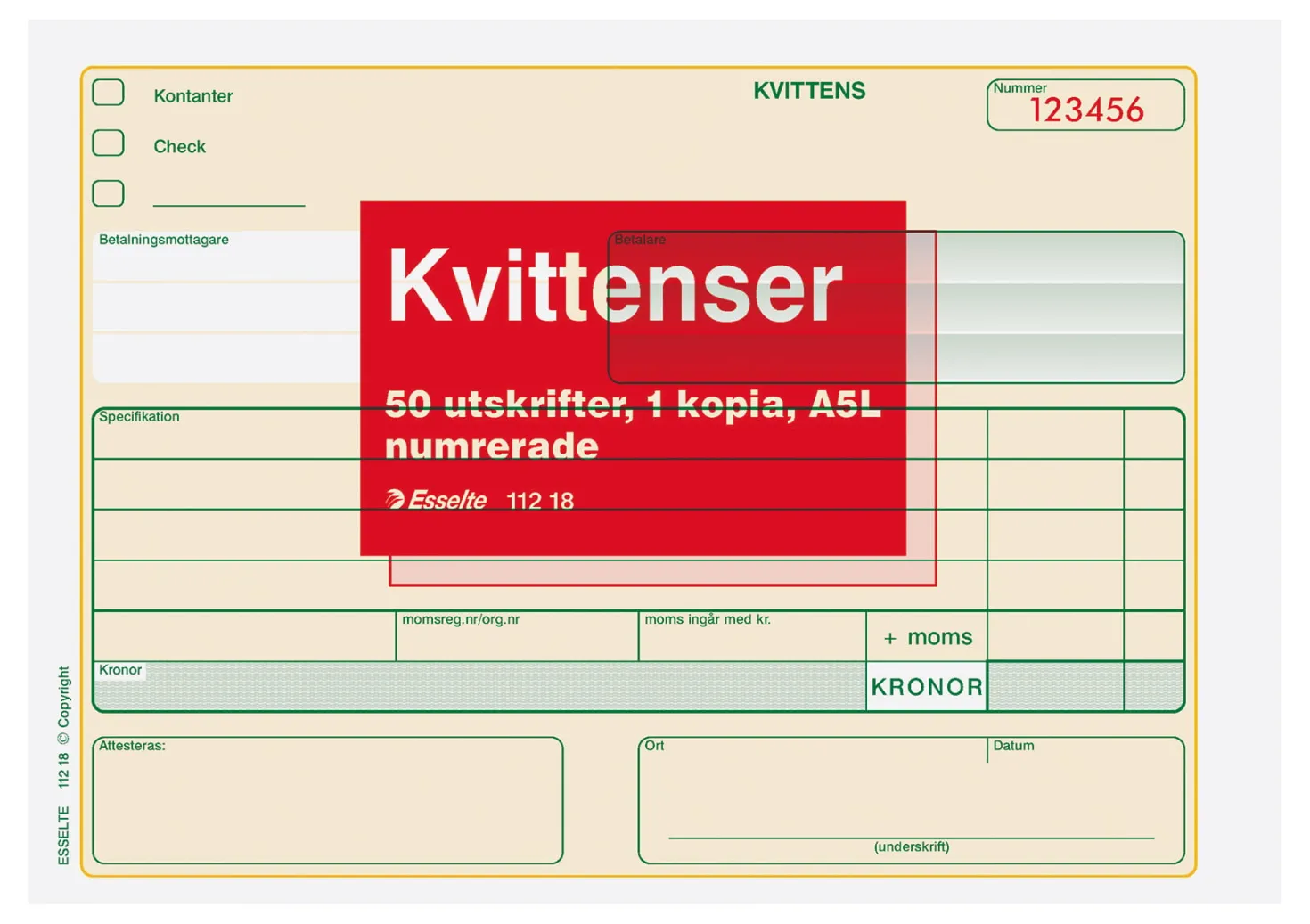 Kvittensblankett Esselte Numrerad A5L, självkopierande, 2x50 blad