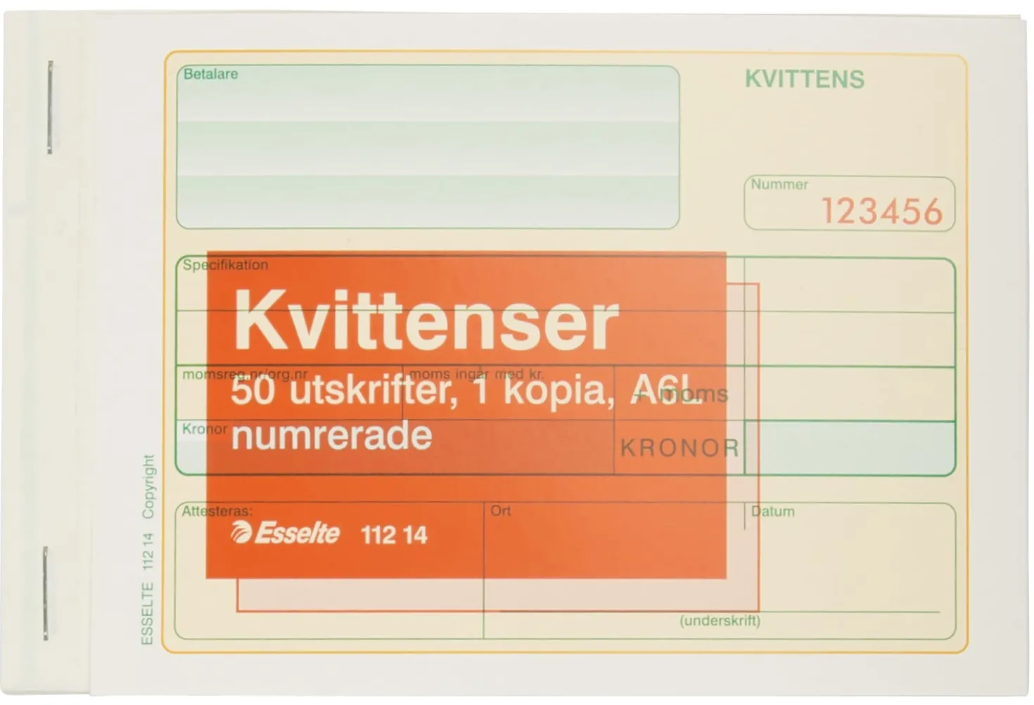 Kvittensblankett Esselte Numrerad A6L, självkopierande, 2x