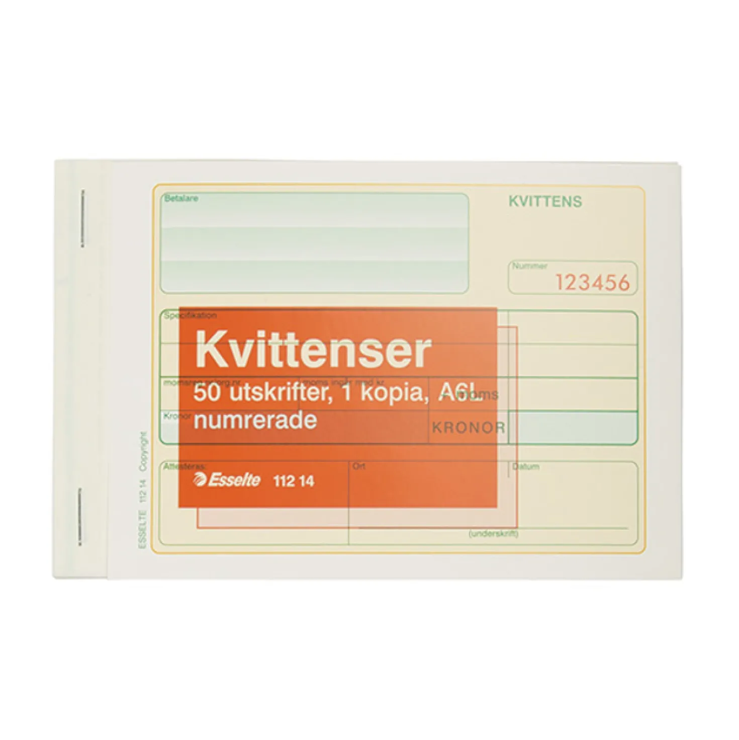 Kvittensblankett Esselte Numrerad A6L, självkopierande, 2x