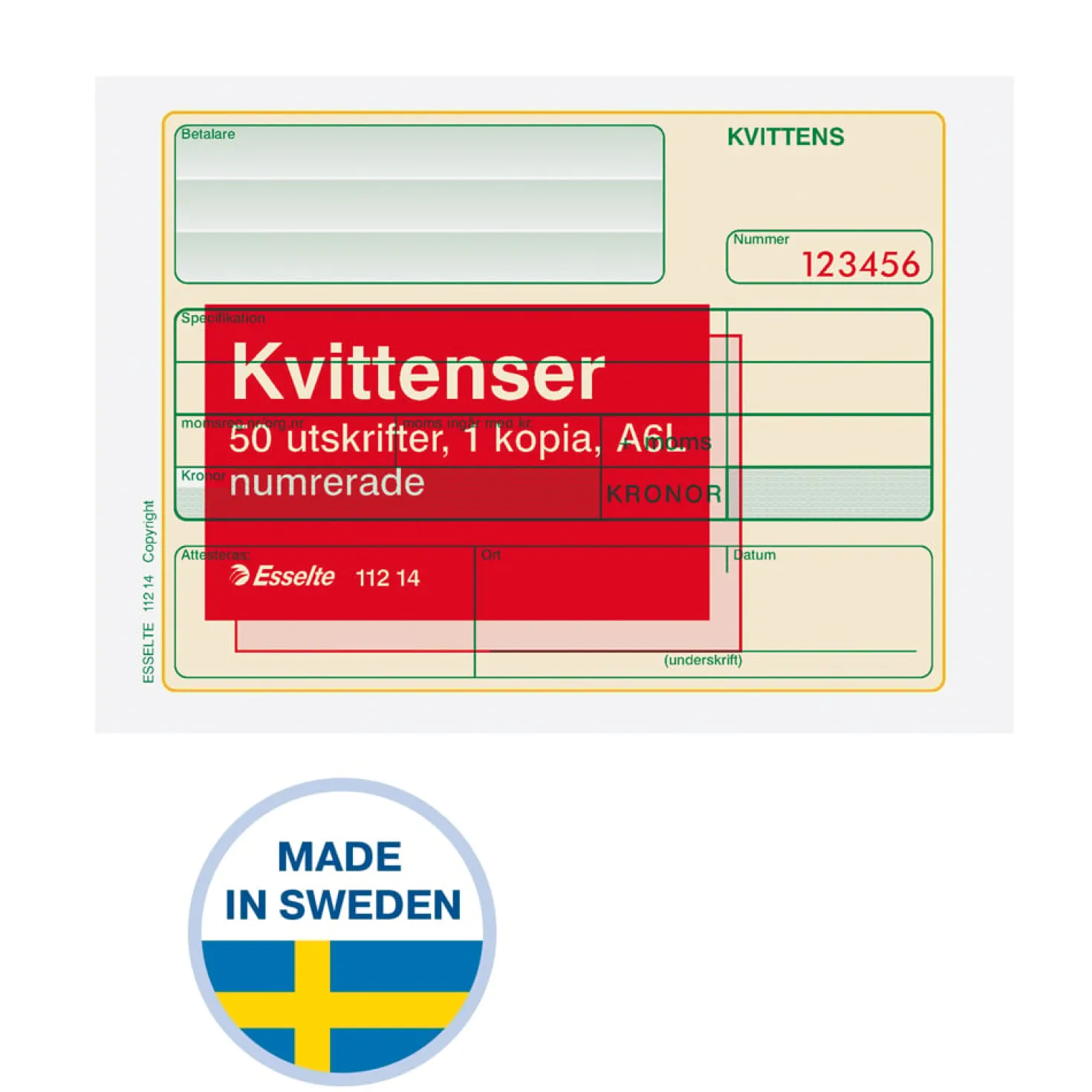 Kvittensblankett Esselte Numrerad A6L, självkopierande, 2x