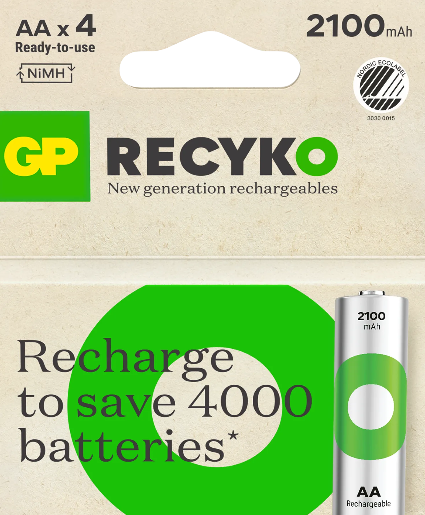 Laddbart batteri GP Recyko AA 2100mAh, 4-pack