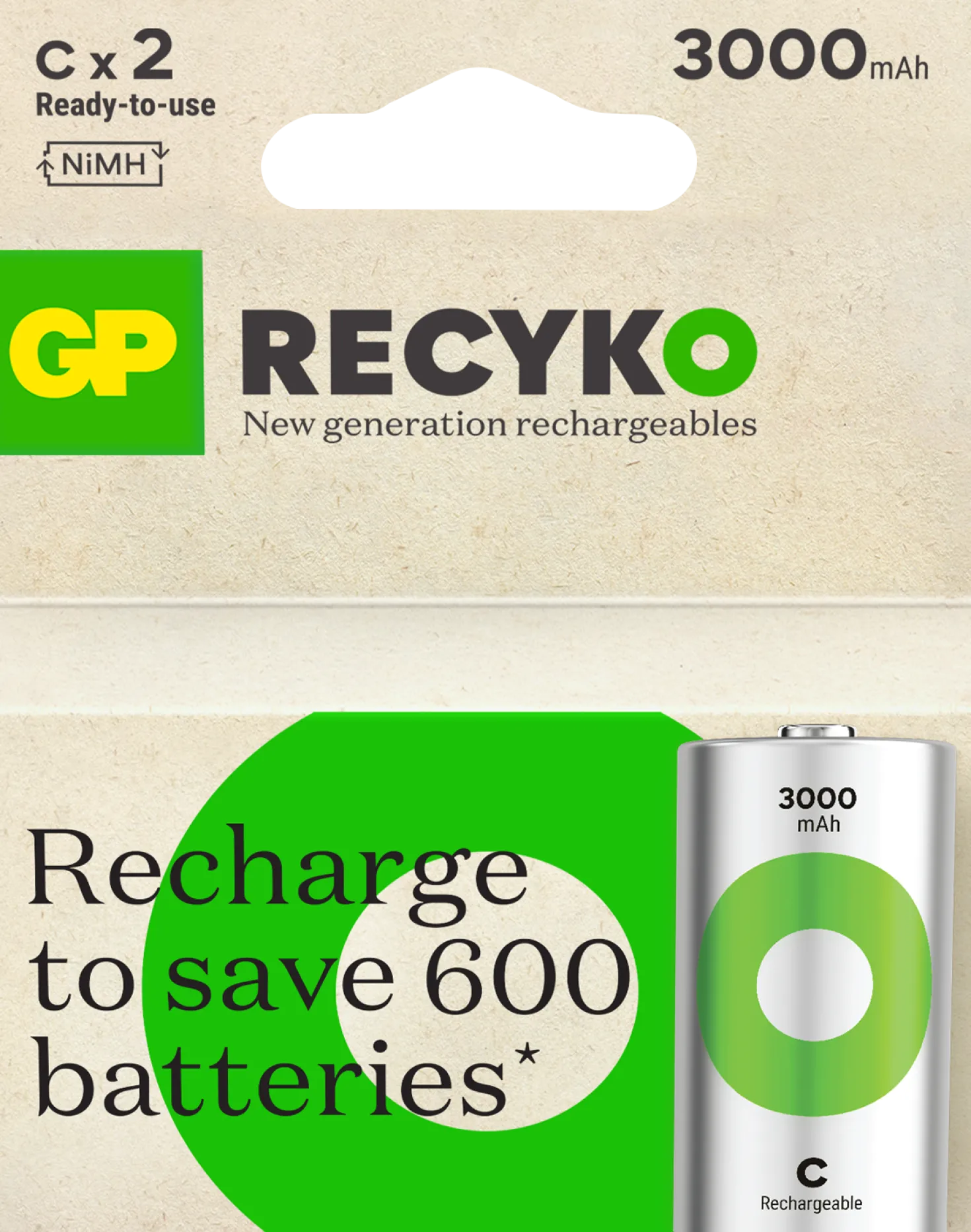 Laddbart batteri GP Recyko C 3000mAh, NiMH, 2-pack