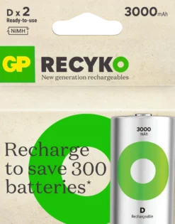 Laddbart batteri GP Recyko D NiMH, 3000mAh, 2-pack