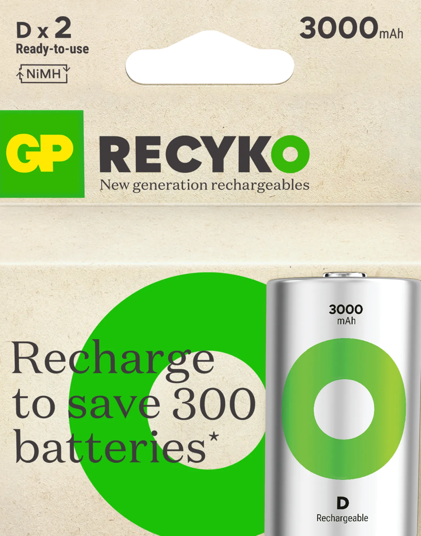 Laddbart batteri GP Recyko D NiMH, 3000mAh, 2-pack
