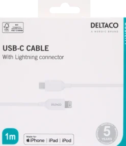 Laddkabel Deltaco USB-C till Lightning MFi-certifierad, vit, 1 m