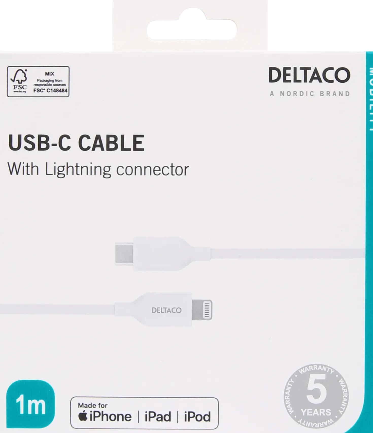 Laddkabel Deltaco USB-C till Lightning MFi-certifierad, vit, 1 m