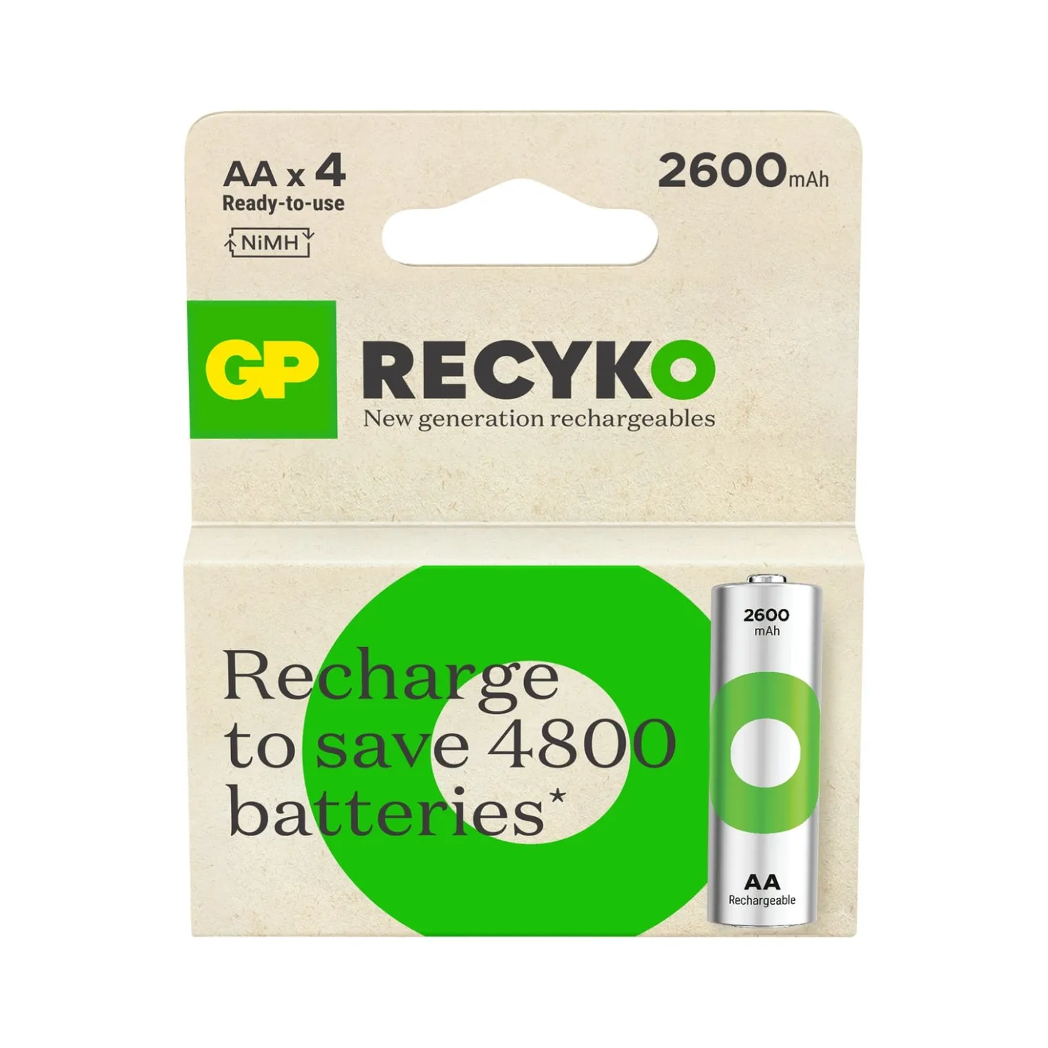 Laddningsbart batteri GP Recyko AA 2600mAh, NiMH, 4-pack