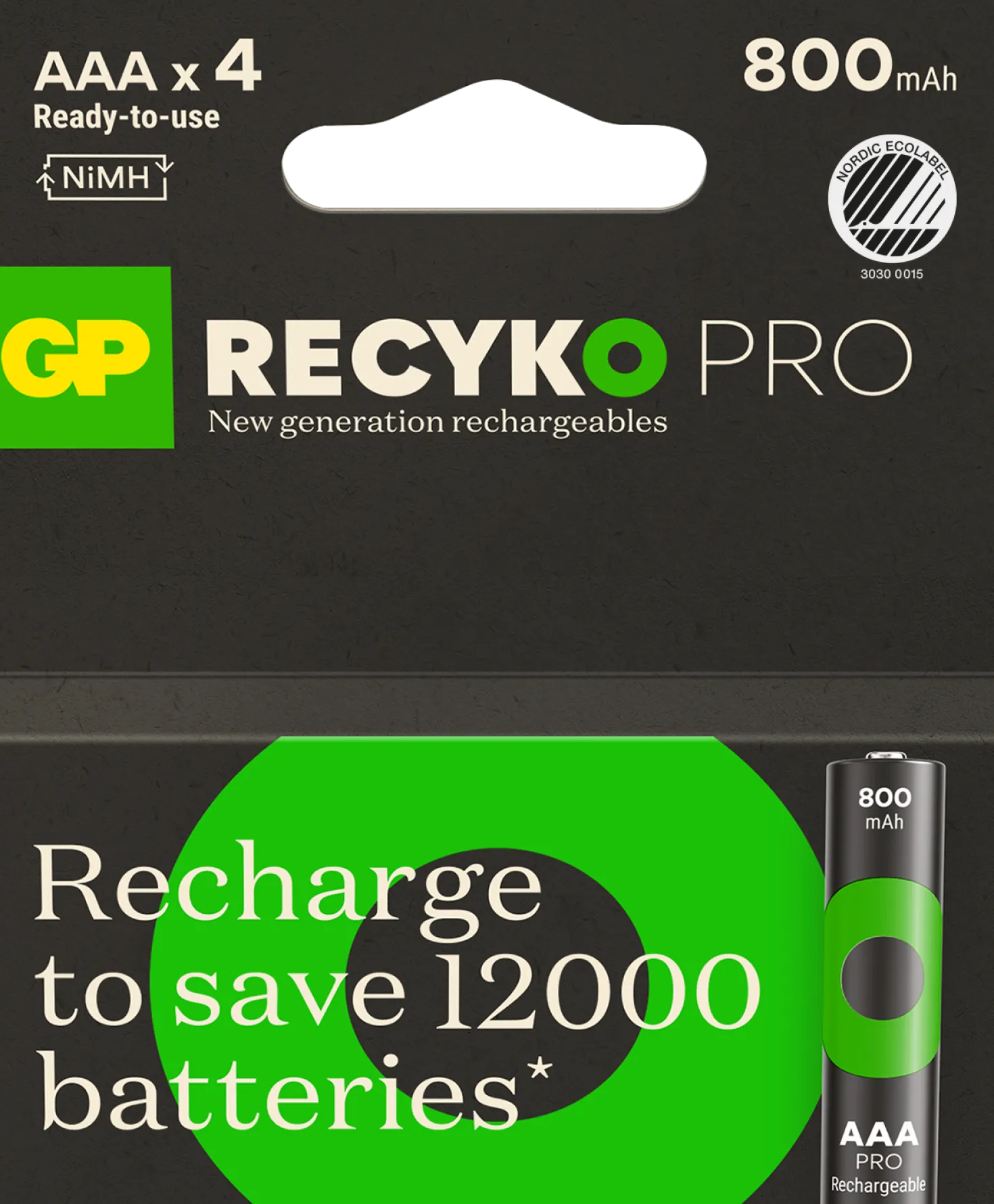 Laddningsbart batteri GP Recyko Pro AAA, 800 mAh, 4-pack