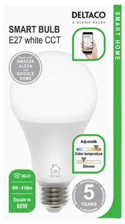 LED-lampa Deltaco Smart Home E27 WiFi, dimbar, 2700K–6500K, 9W