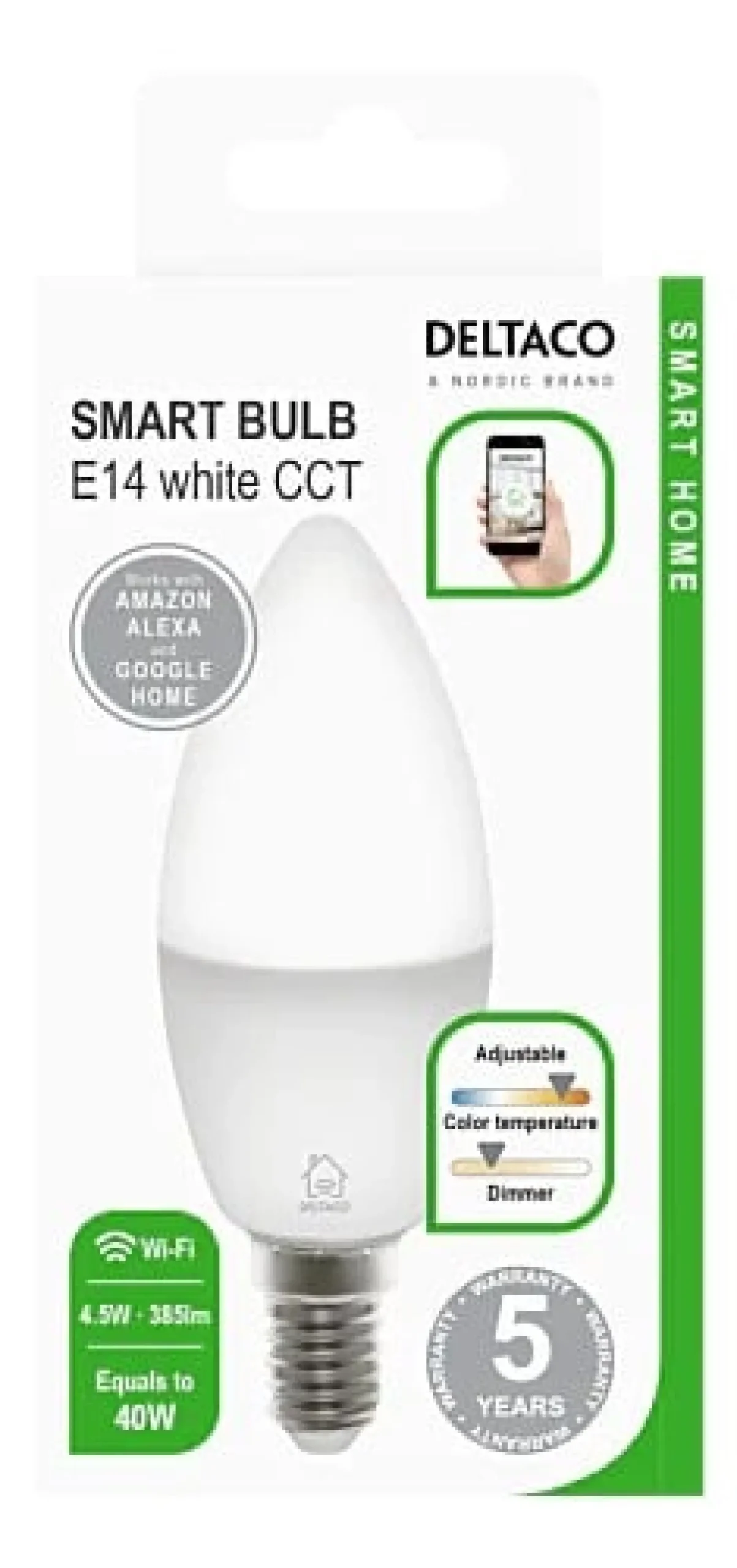 LED-lampa Deltaco Smart Home E14 WiFi, dimbar, 4,9W, 2700K–6500K