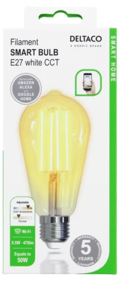 LED-lampa Deltaco SMART HOME Filament E27 WiFi, 5.5W, 470lm, dimbar