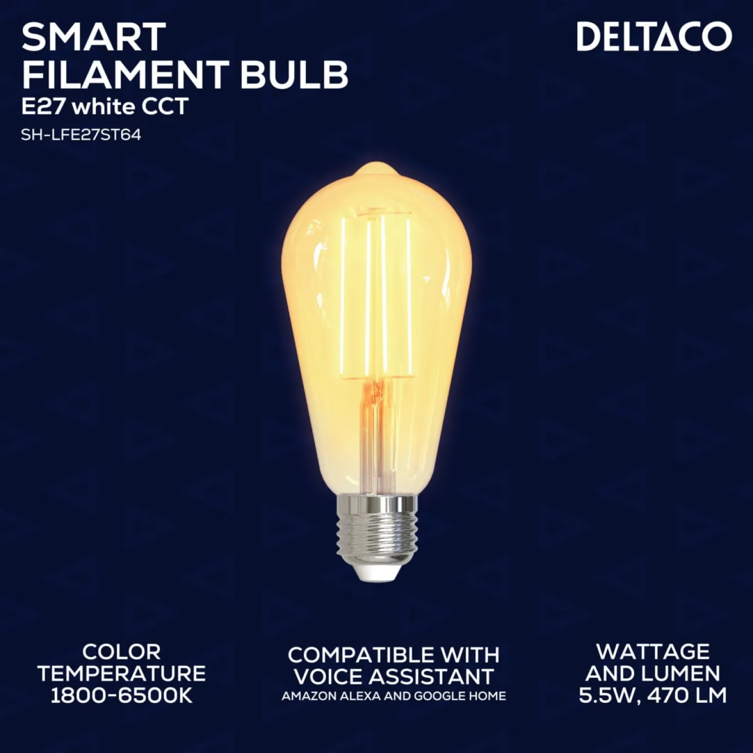 LED-lampa Deltaco SMART HOME Filament E27 WiFi, 5.5W, 470lm, dimbar
