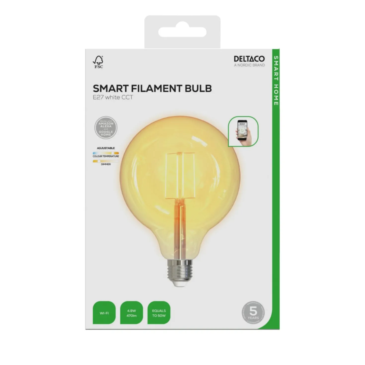 LED-lampa Deltaco SMART HOME Filament E27, WiFi, 5,5W, 470lm, dimbar