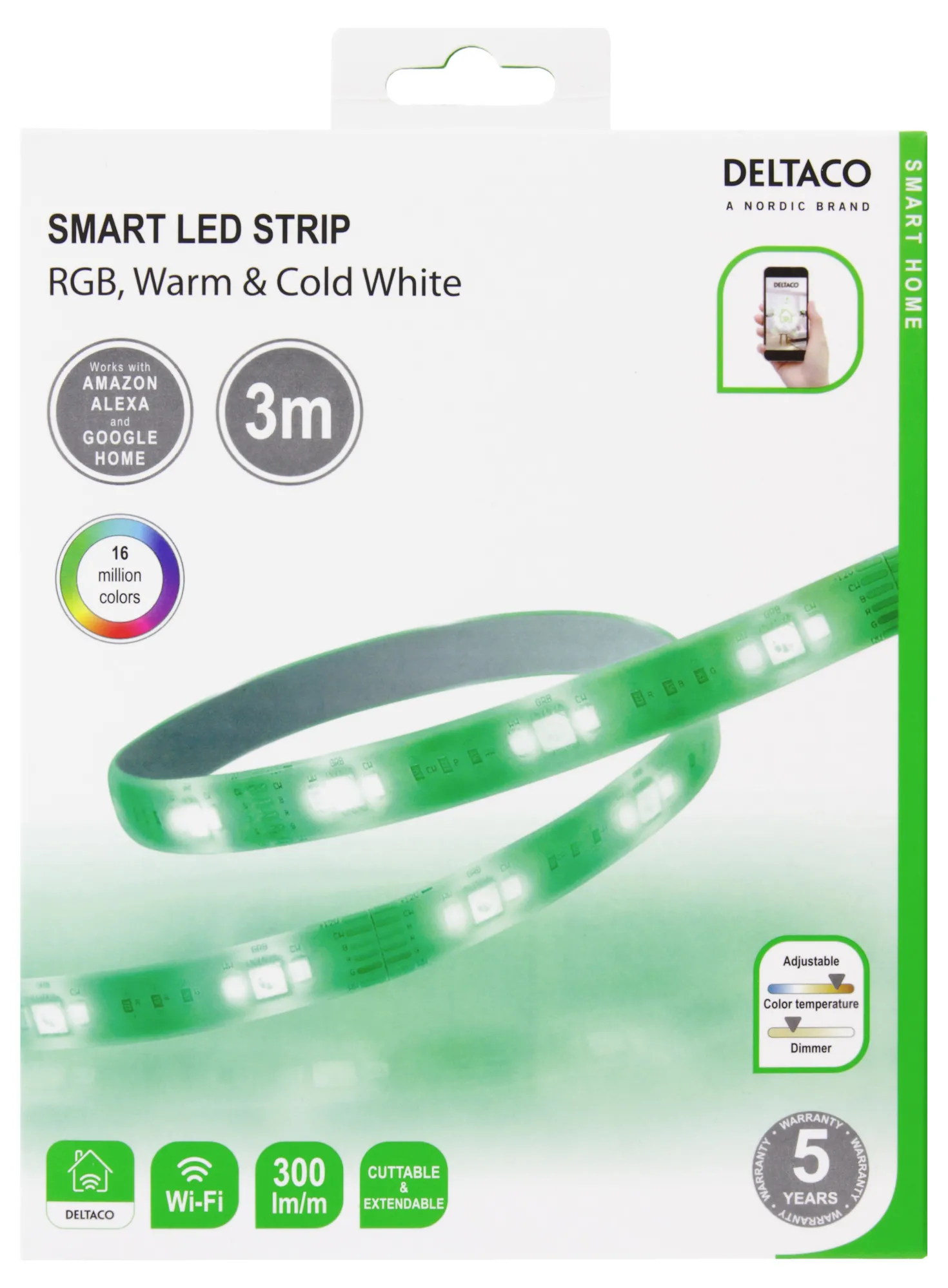 LED-list Deltaco SH-LS3M Smart Home RGB, 3m, dimbar, 6-pin