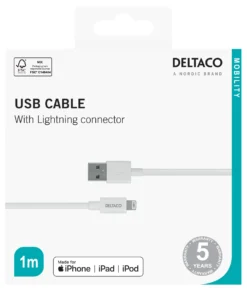 Lightning-kabel Deltaco USB-A till Lightning MFi, vit, 1m