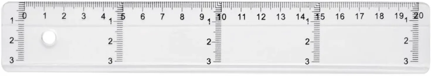 Linjal tvärgradig transparent, 20 cm, fasad kant och bläckkant
