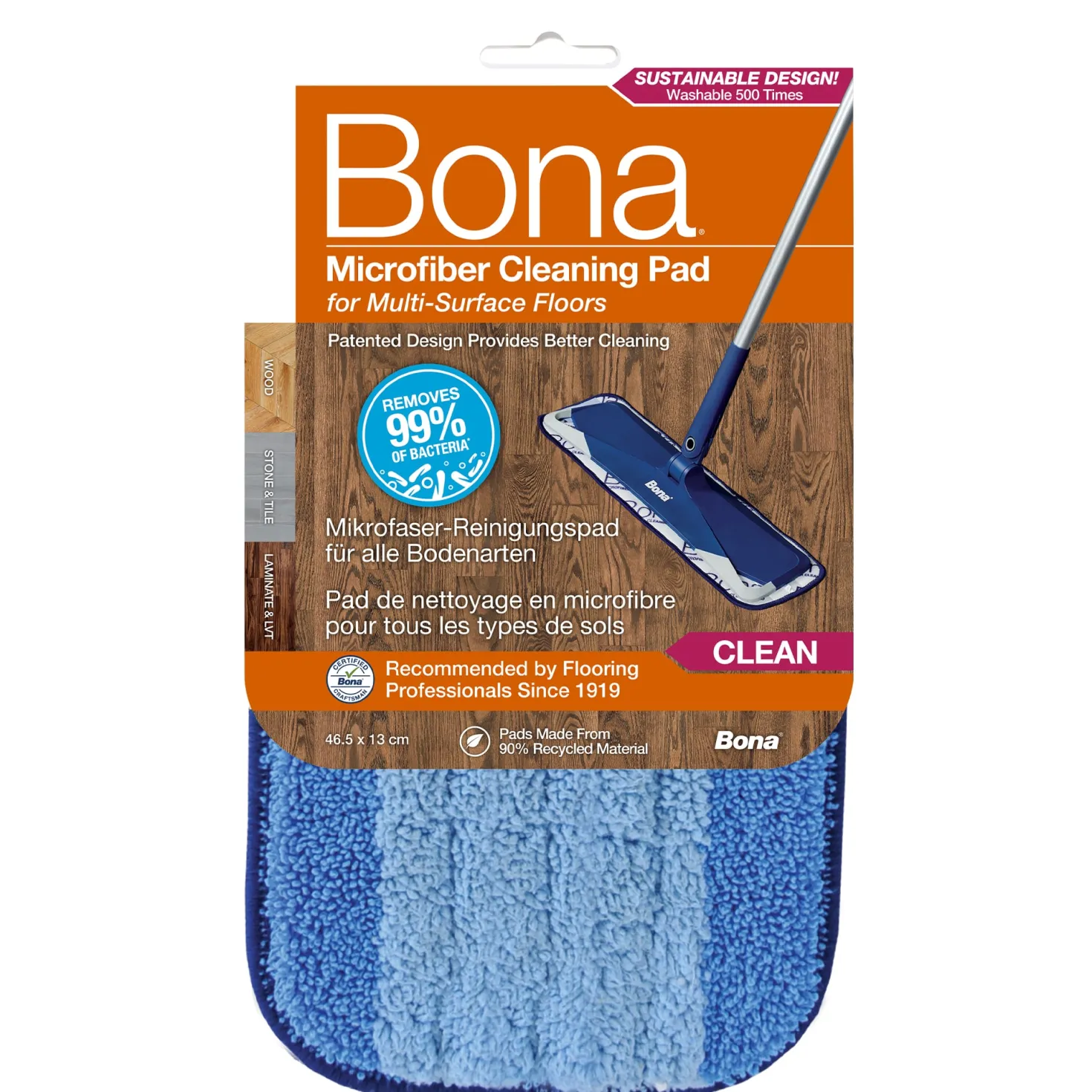 Mikrofibermopp Bona Cleaning Pad, tvättbar 300 gånger, kardborrefäste