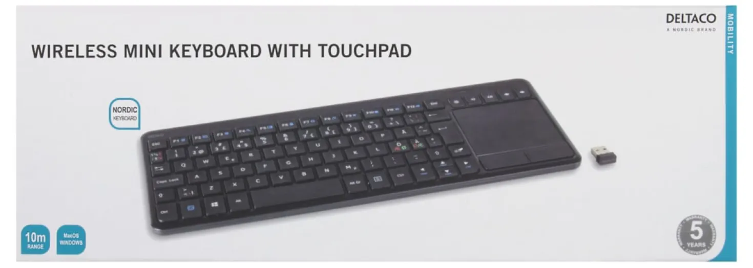 Mini Tangentbord Deltaco TB-504 Trådlöst, nordisk, touchpad, svart