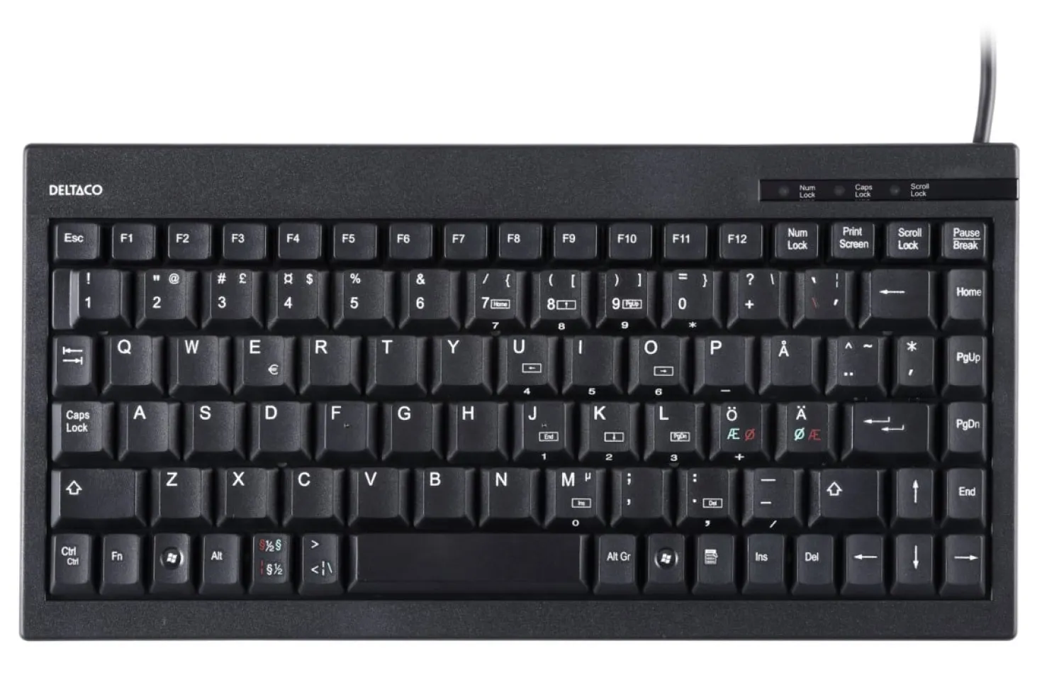 Minitangentbord Deltaco TB-5V Nordisk layout, 89 tangenter, USB, svart