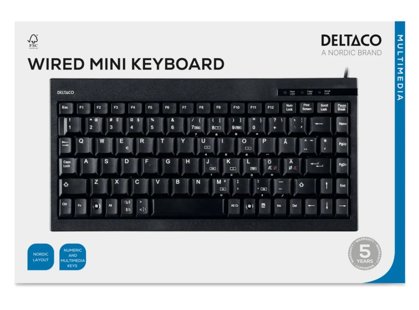 Minitangentbord Deltaco TB-5V Nordisk layout, 89 tangenter, USB, svart