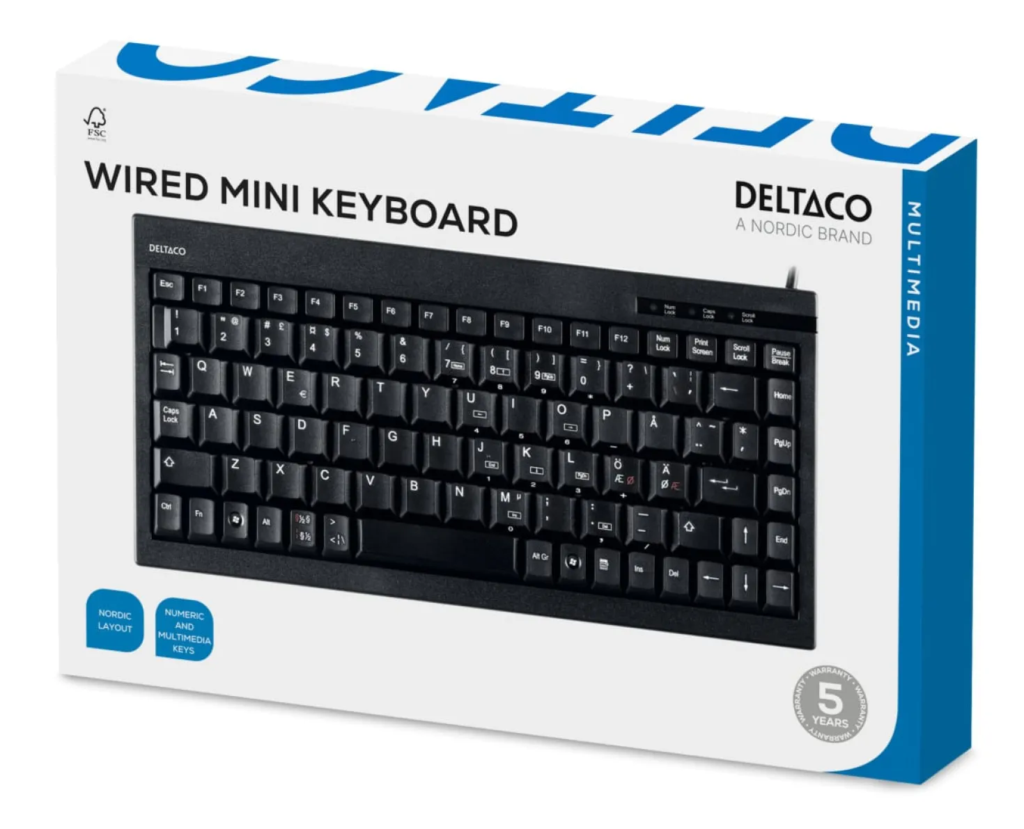 Minitangentbord Deltaco TB-5V Nordisk layout, 89 tangenter, USB, svart