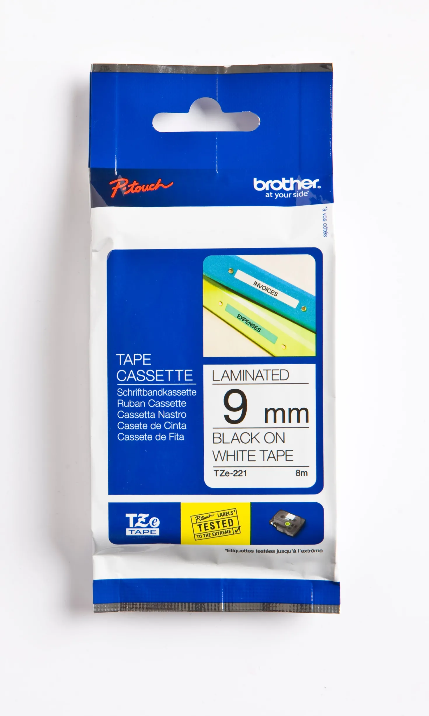 Märkband Brother TZe-221 Laminerat, svart på vit, 9mm x 8m