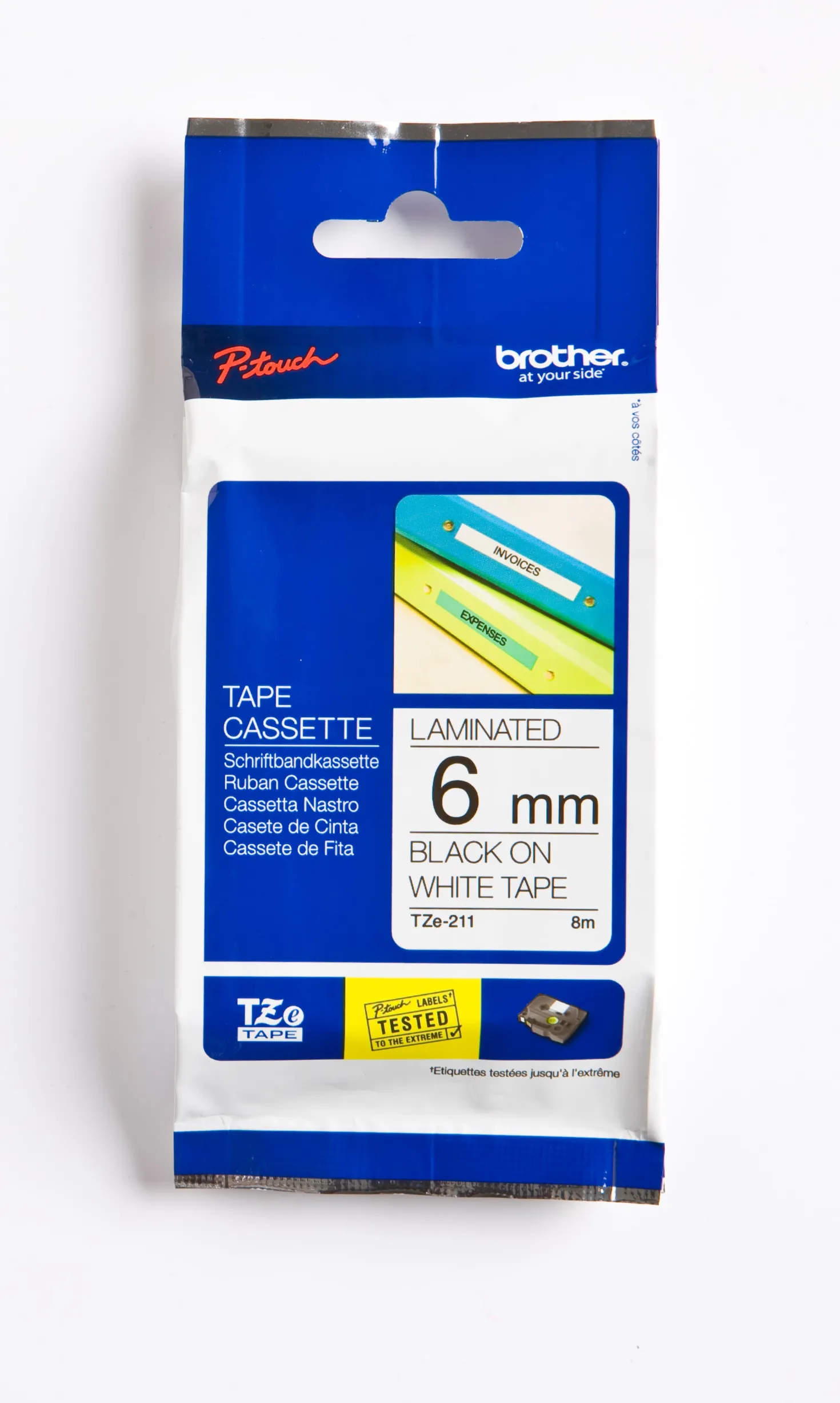 Märkband Brother TZe-211 Laminerat, svart på vit, 6mm x 8m