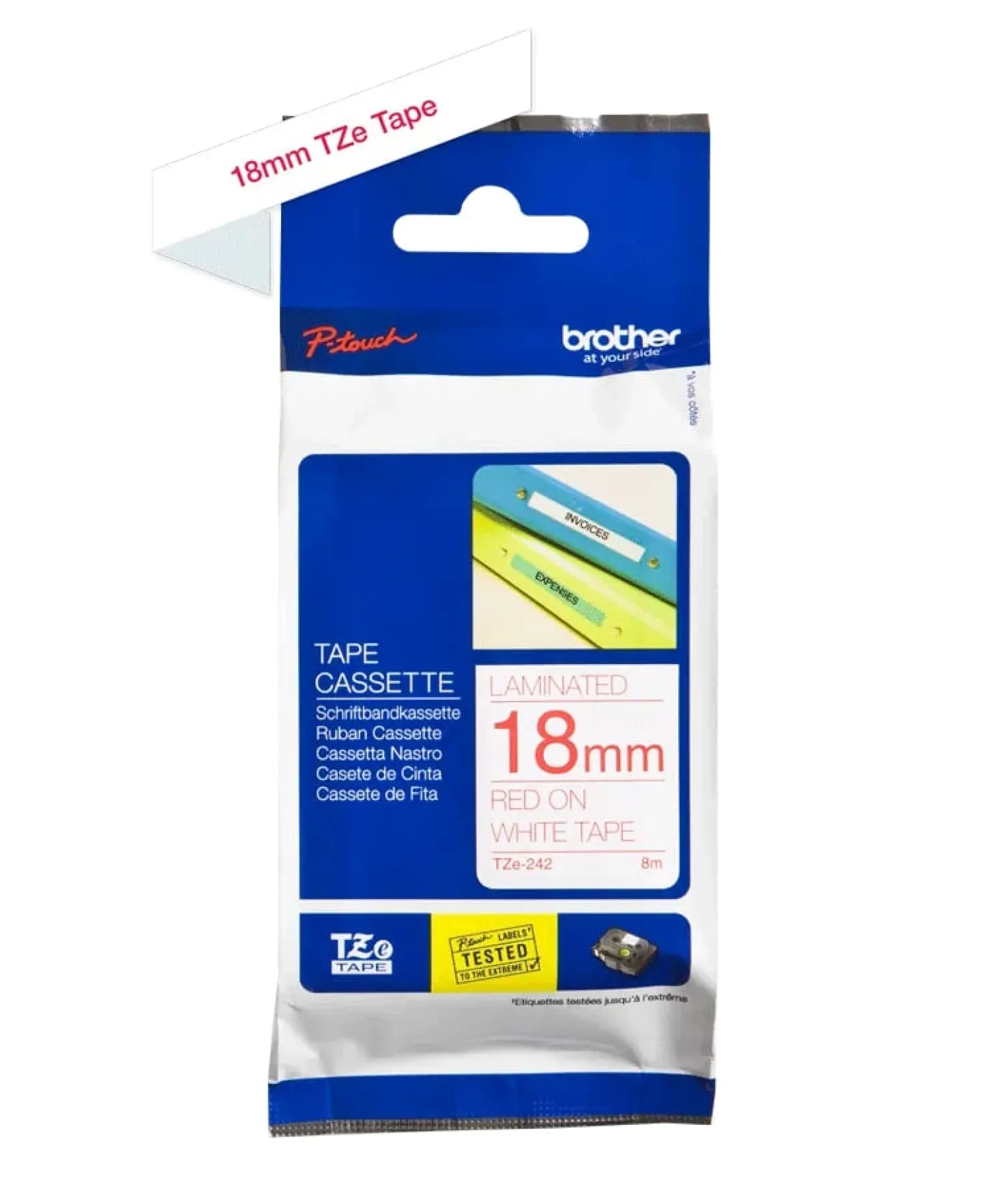 Märkband Brother TZe-242, röd text vit botten, 18 mm x 8 m