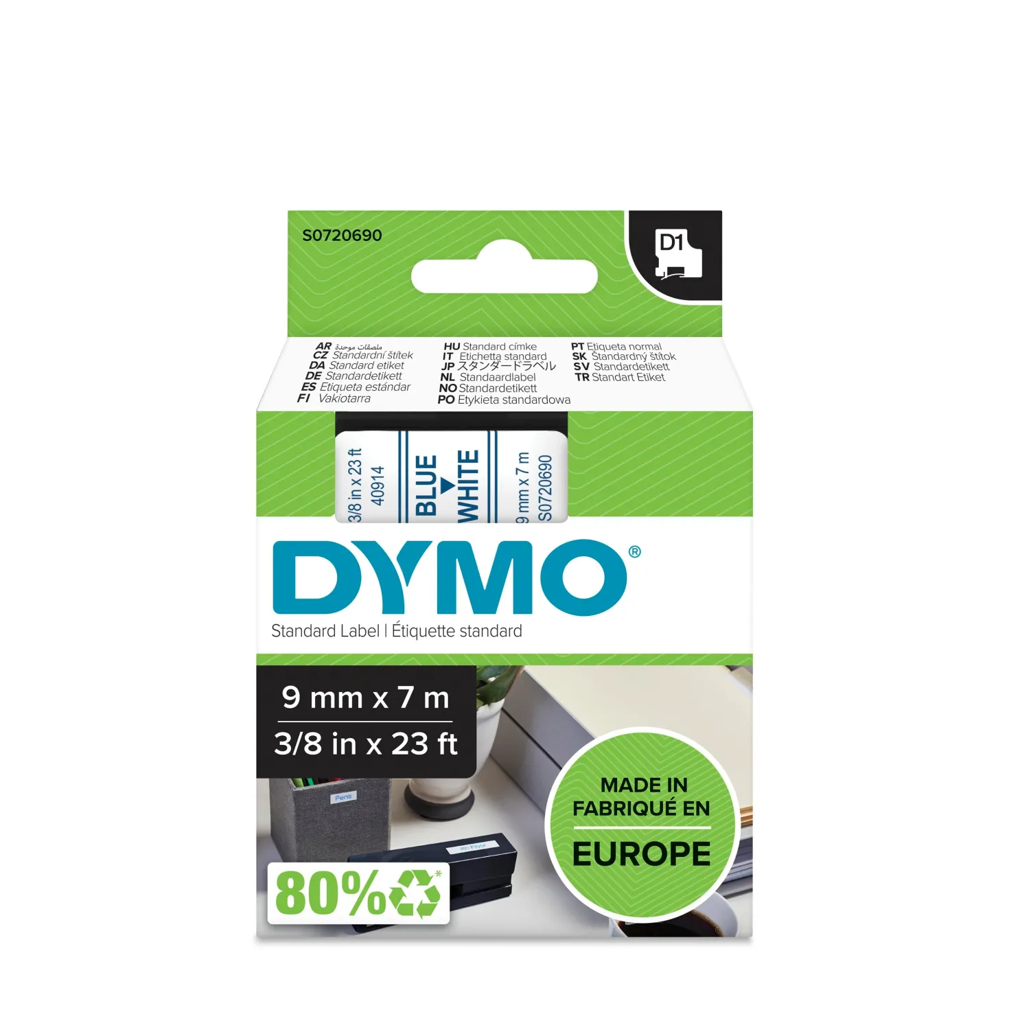 Märkband Dymo D1 9mm, blå text på vit, polyester