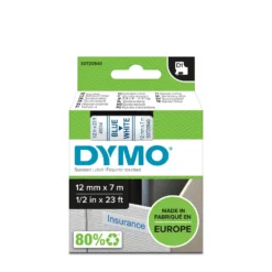 Märkband Dymo D1, 12mm, blå text på vitt band