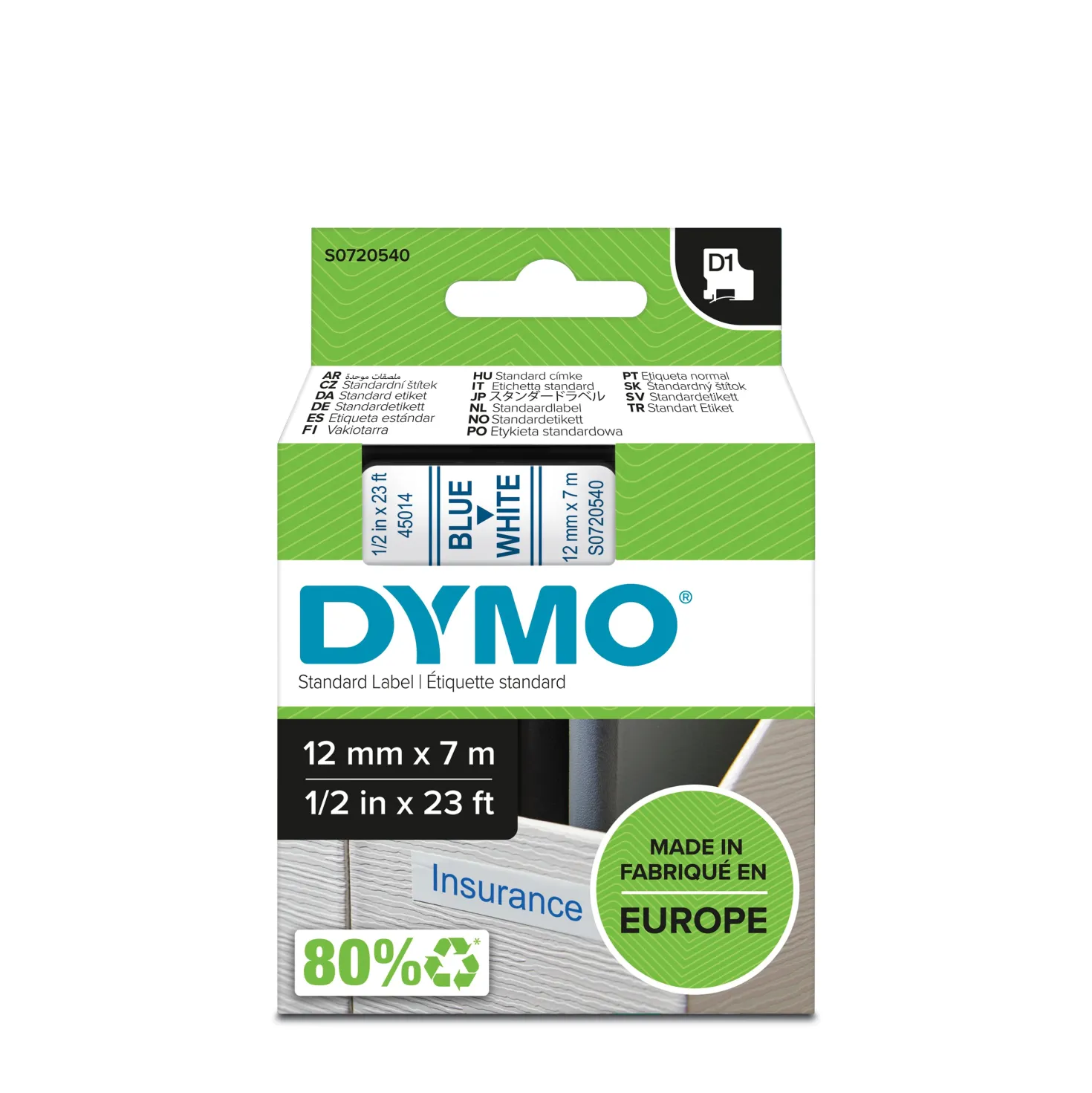 Märkband Dymo D1, 12mm, blå text på vitt band
