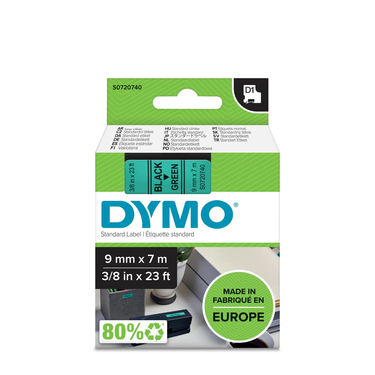 Märkband Dymo D1 Svart/Grön, 9mm x 7m