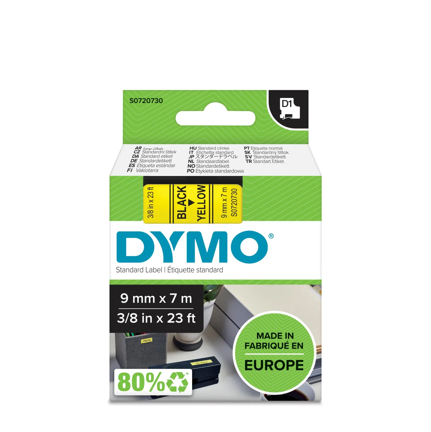 Märkband Dymo D1 Svart/Gul, 9mm x 7m