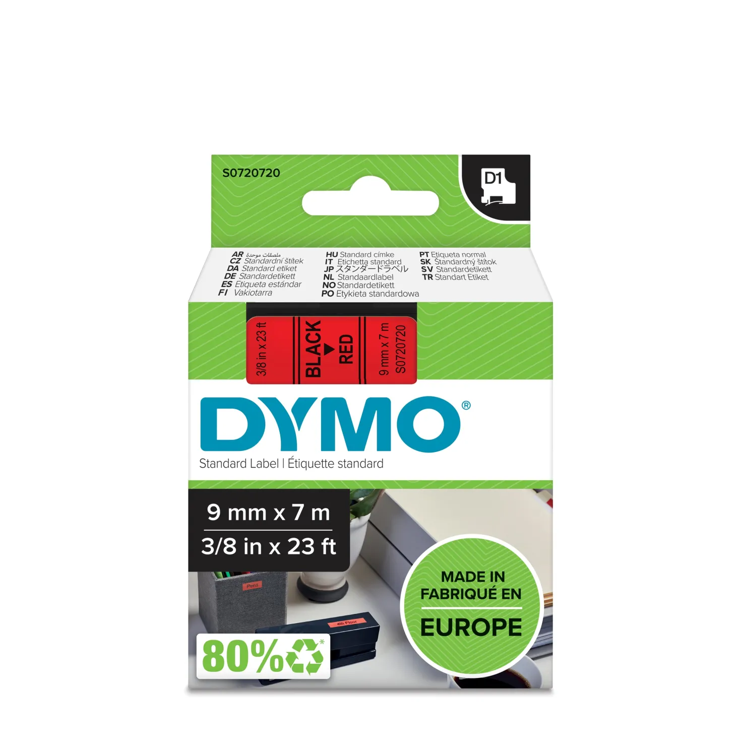 Märkband Dymo D1 svart på röd, 9mm x 7m