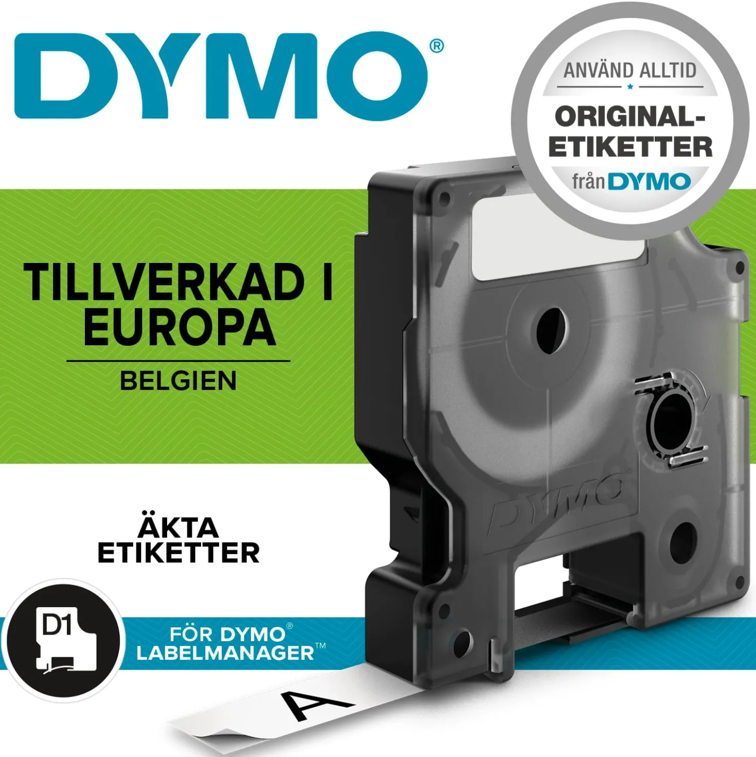 Märkband Dymo D1 svart på röd, 9mm x 7m