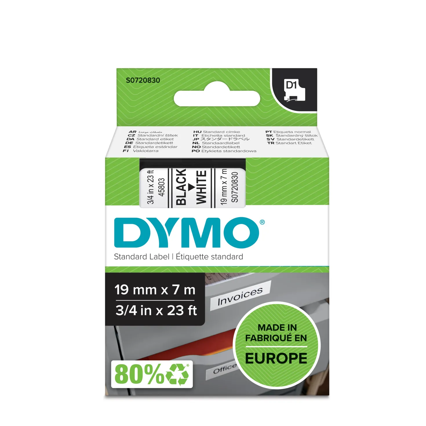 Märkband Dymo D1 svart på vit, 19 mm