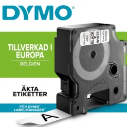 Märkband Dymo D1 svart på vit, 19 mm