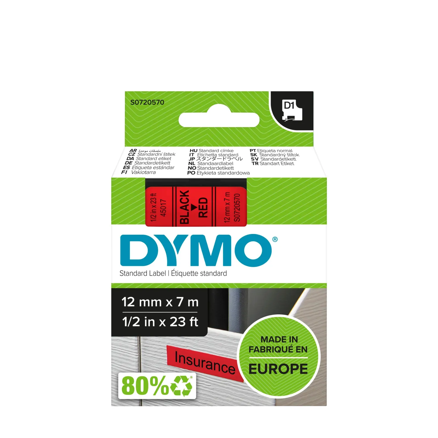 Märkband Dymo D1, svart text på röd, 12mm
