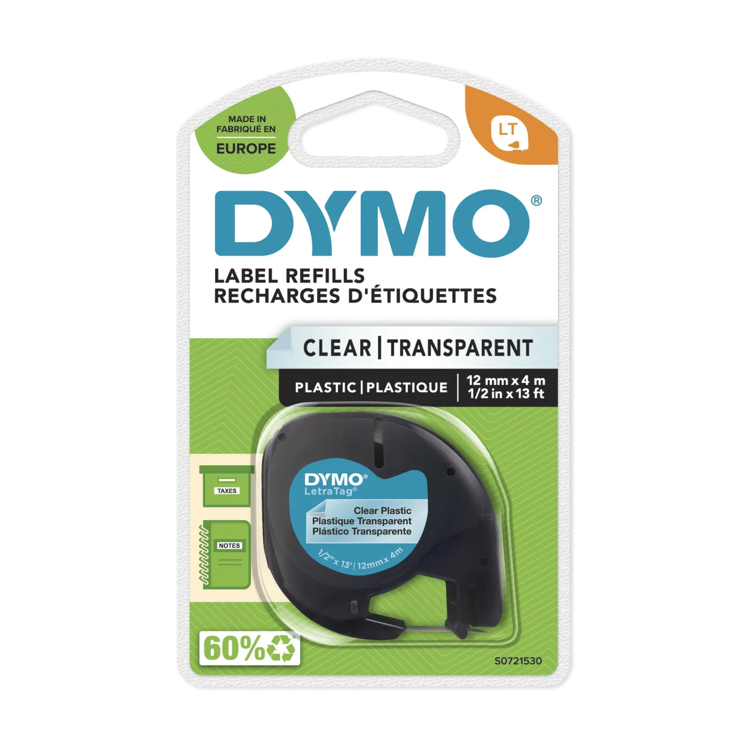 Märkband Dymo Letra Tag plast, vit, 12mm x 4m